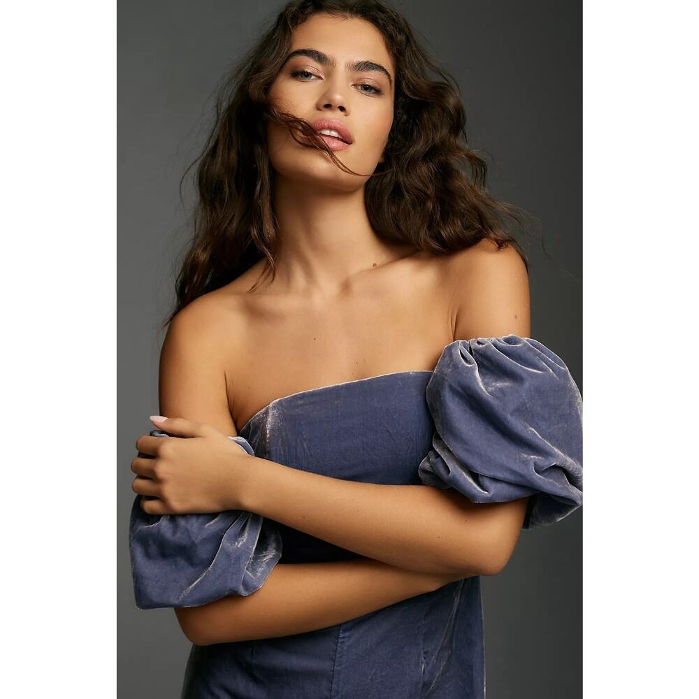 Anthropologie Off the Shoulder Velvet Jumpsuit Blue Size‎ 16 Cottagecore